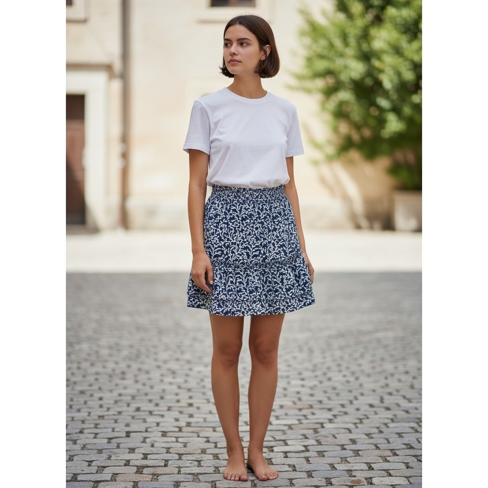 J.Crew Mini Skirt Womens Medium Blue White Smocked Tiered Coastal Feminine Boho